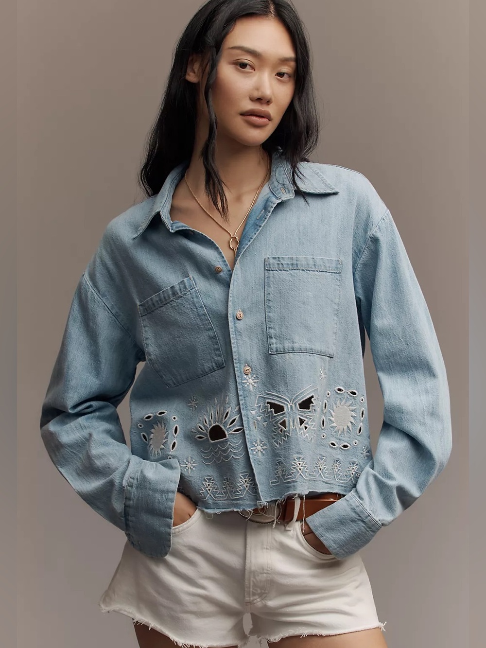 NEW MOTHER The Roomie Double Frenchie Crop Fray Buttondown Shirt, Small